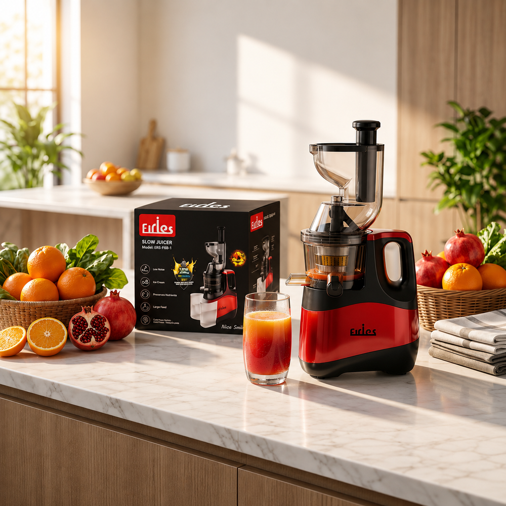 عصارة فريلس (Firles Slow Juicer) موديل ERS-F6B-1 (قوة 150 واط - عصر على البارد - لون أحمر وأسود)