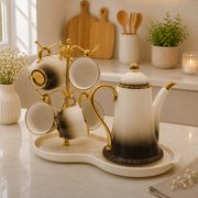 طقم شاي بورسلين فاخر على حامل ذهبي