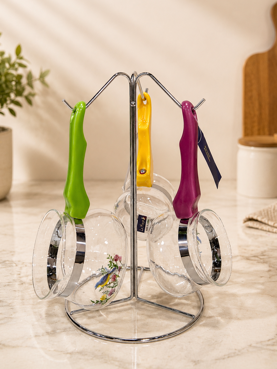 طقم كنكة قهوة زجاجية بمقابض ملونة  مع حامل معدني فاخر
